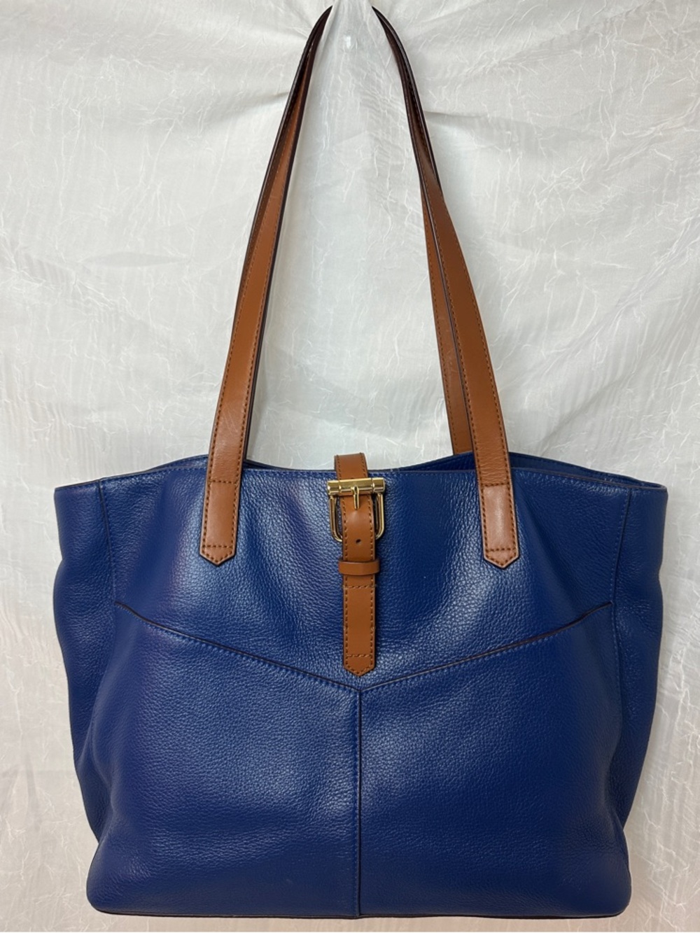 Lauren Ralph Lauren Classic Navy‎ Leather Tote with Tan Straps